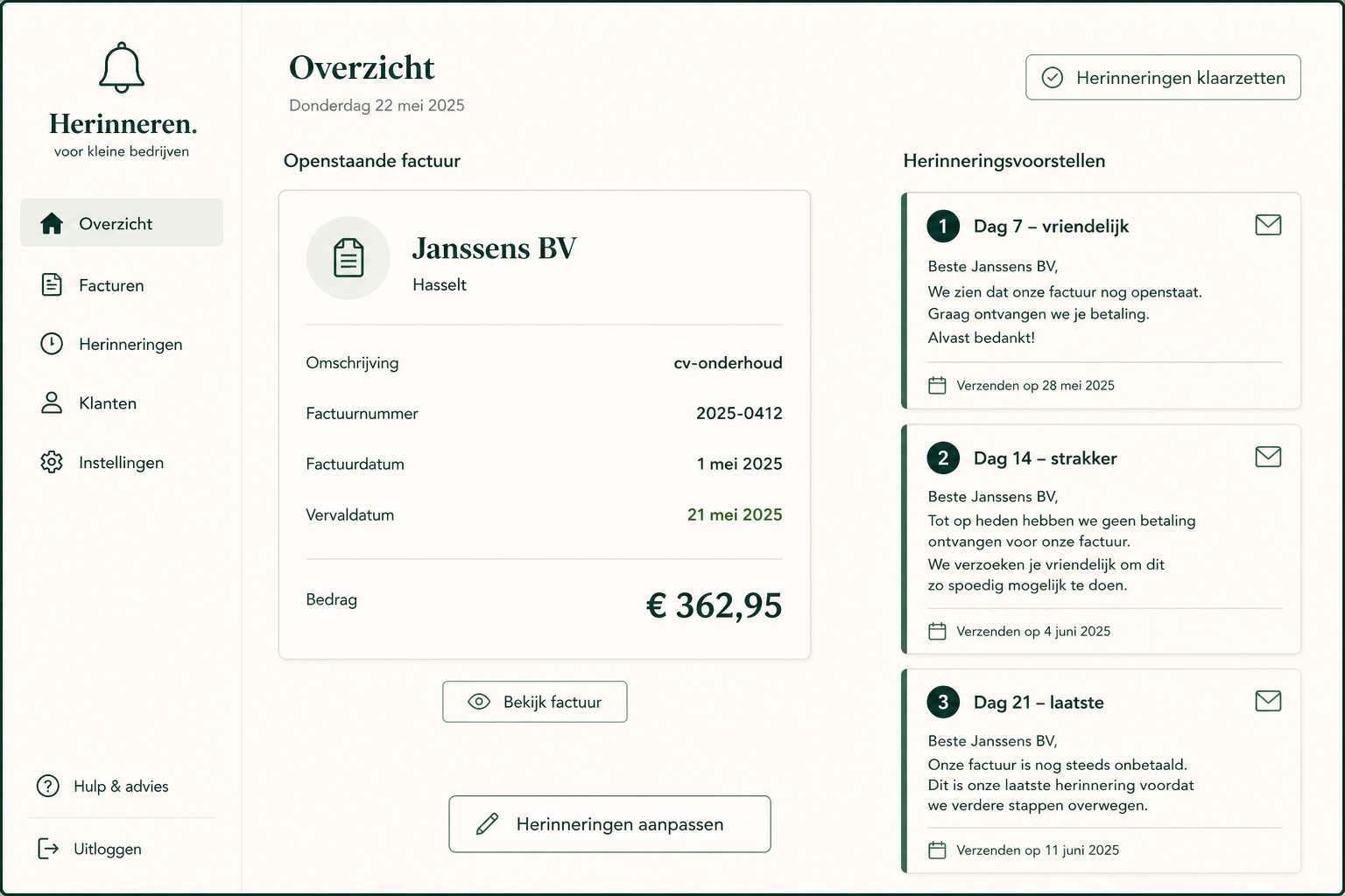Demo: drie herinneringen voor Janssens BV