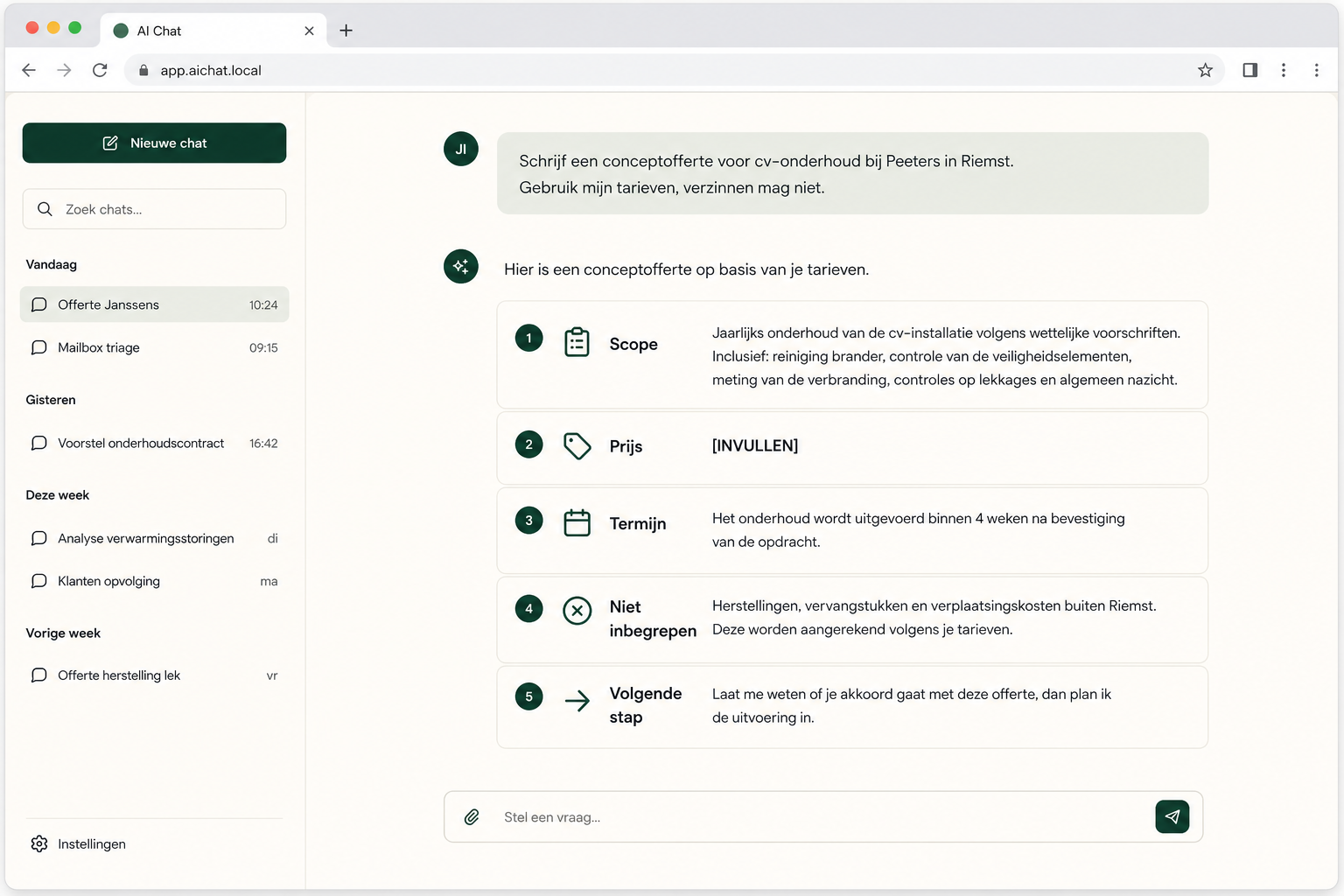 Demo: AI-chat, conceptofferte Peeters in Riemst, niets verzinnen